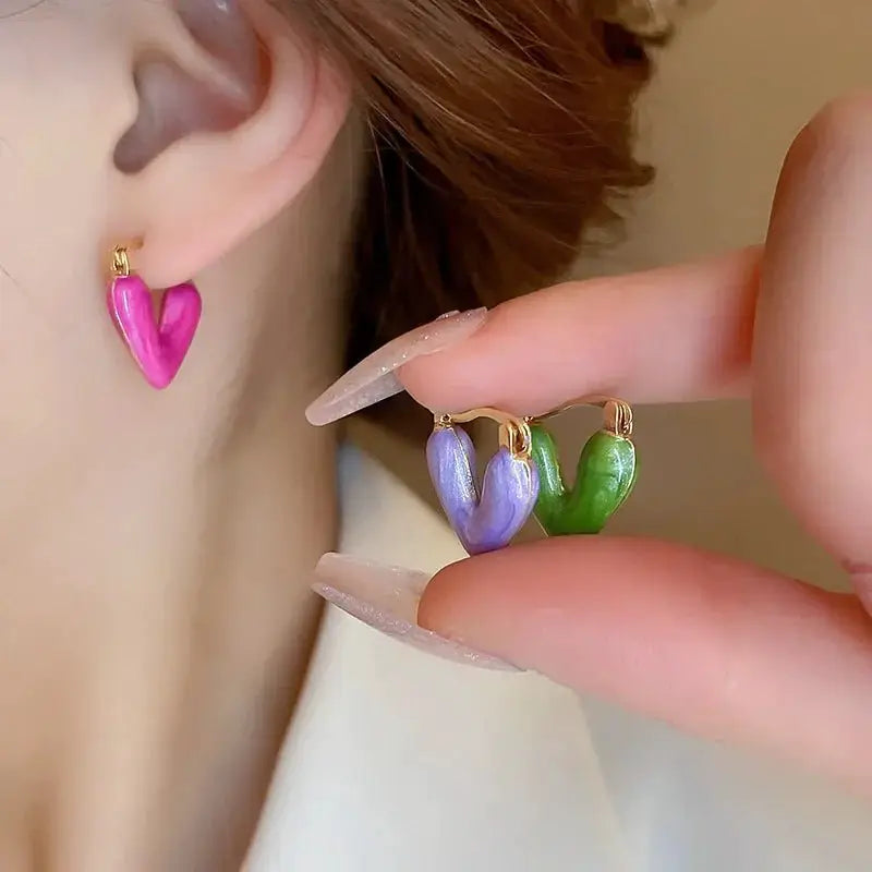 Colorful Pink Heart Hoop Earrings For Women Fashion Jewelry