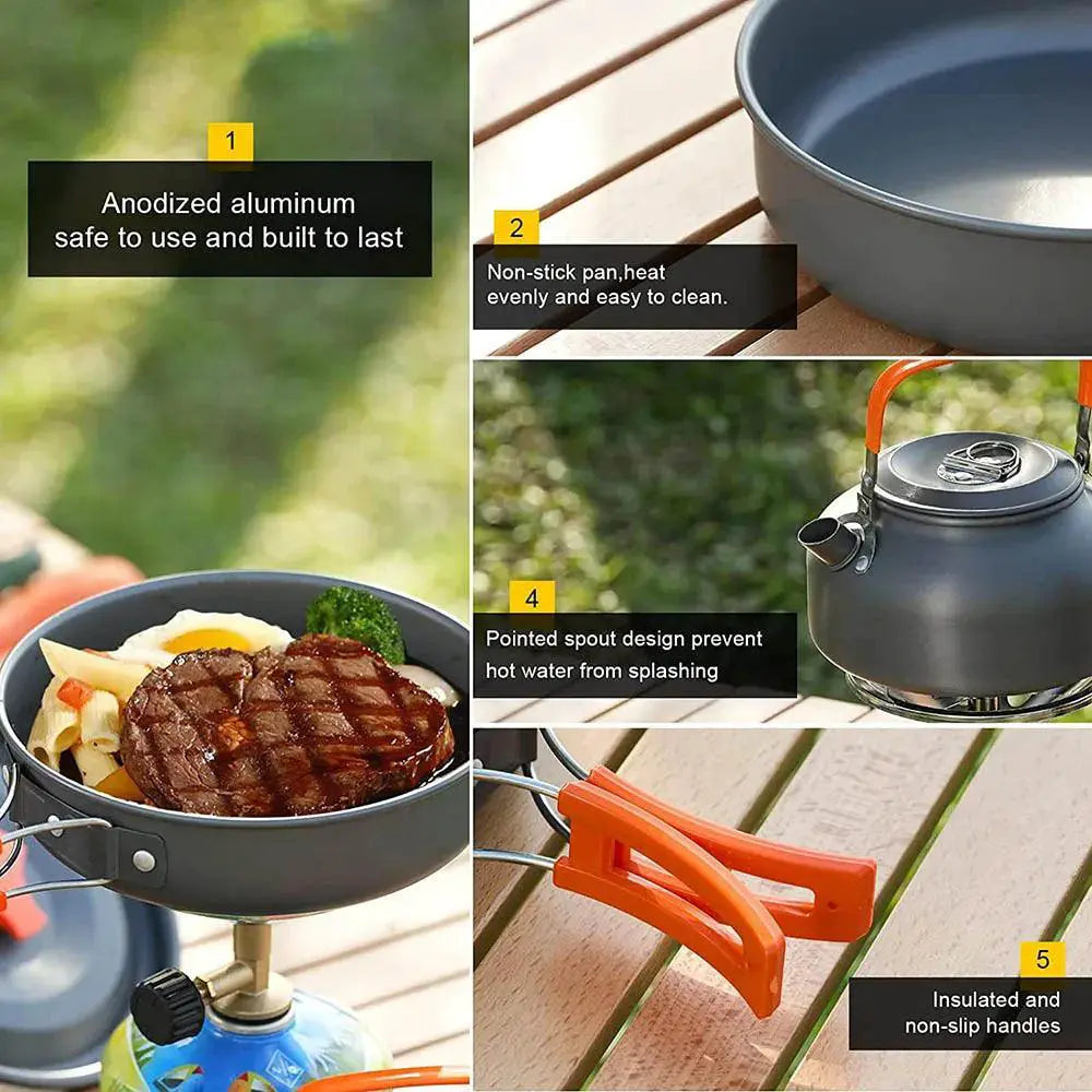 Compact Aluminum Camping Cookware Set With Teapot Frying Pan