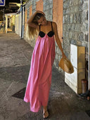 Contrast Patchwork Sling Dress: Elegant Lace-Up Holiday Attire