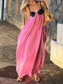 Contrast Patchwork Sling Dress: Elegant Lace-Up Holiday Attire