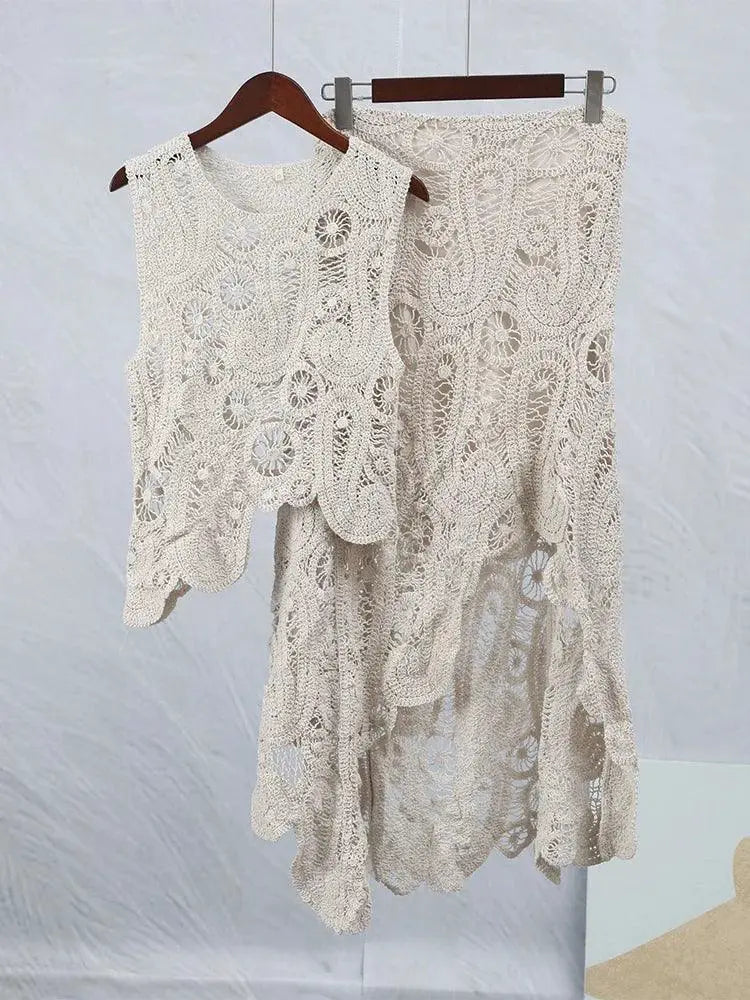 Crochet Knitted Asymmetric Dress Set Fairy Sweet Style 2023