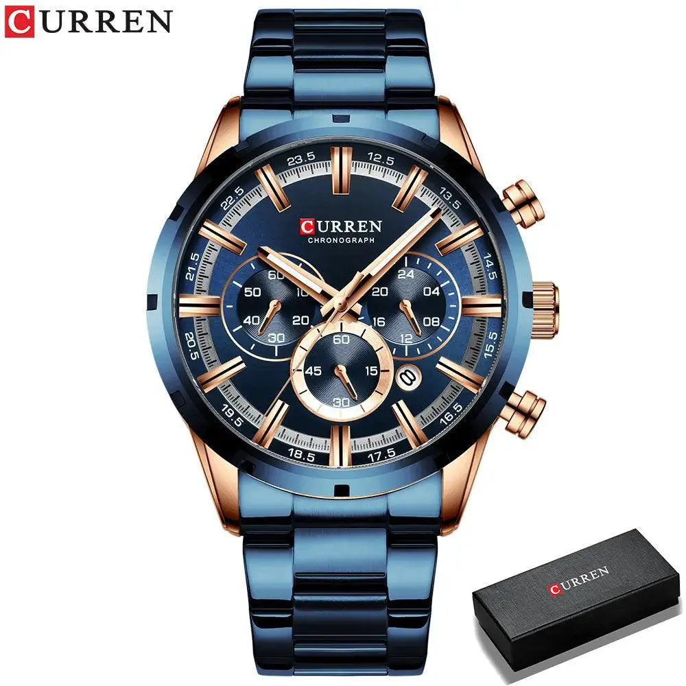 Men's Blue Dial Chronograph Steel Watch Waterproof