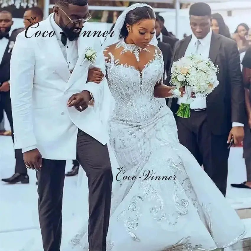 Custom Africa Fashion Mermaid Wedding Dress With Beaded Lace Appliques Plus Size