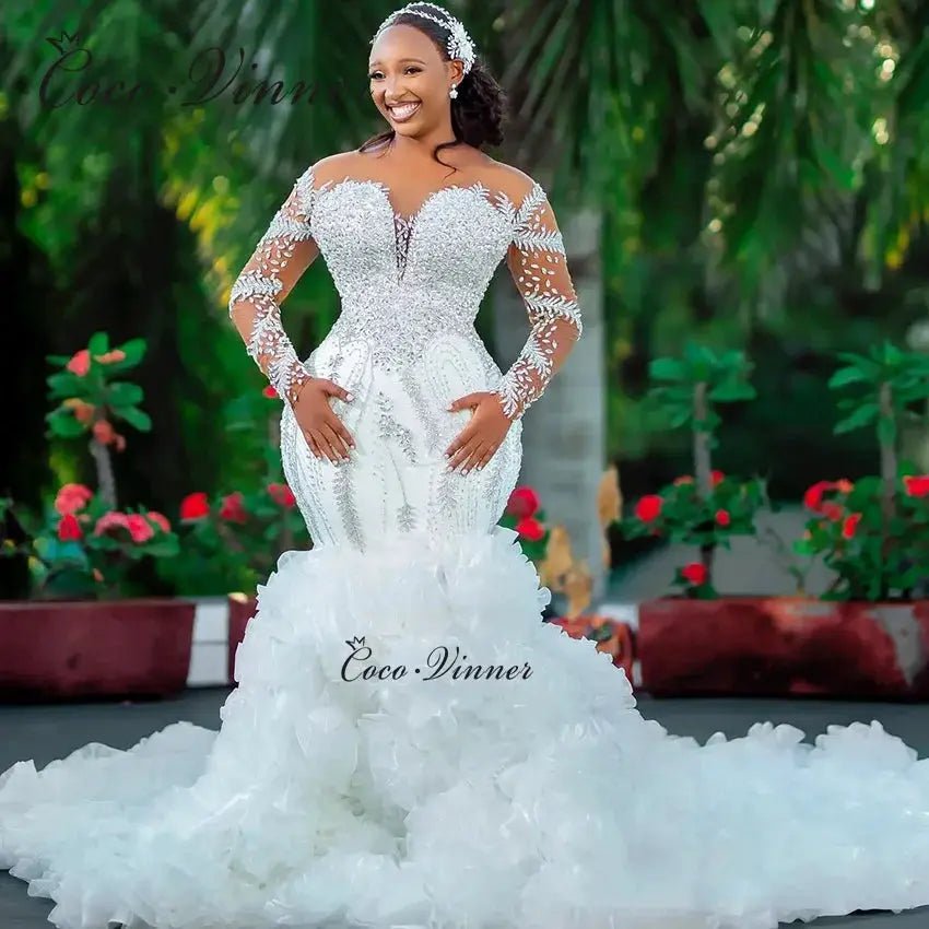 Custom African Ruffles Mermaid Wedding Dress Crystal Beads Illusion Sleeves Glam