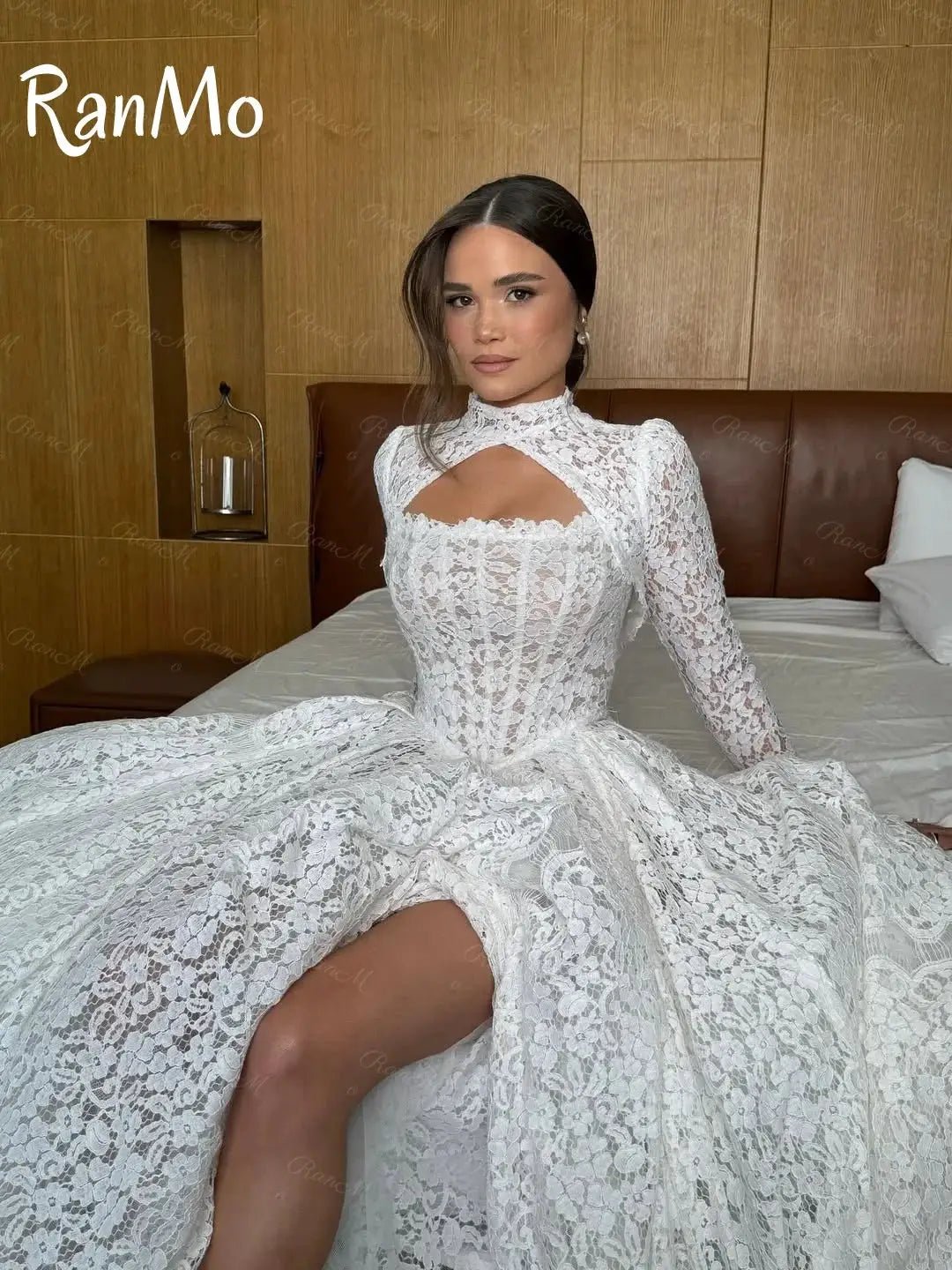 Custom Elegant Lace Beaded Bridal Gown With Timeless Full Sleeves Floor Length
