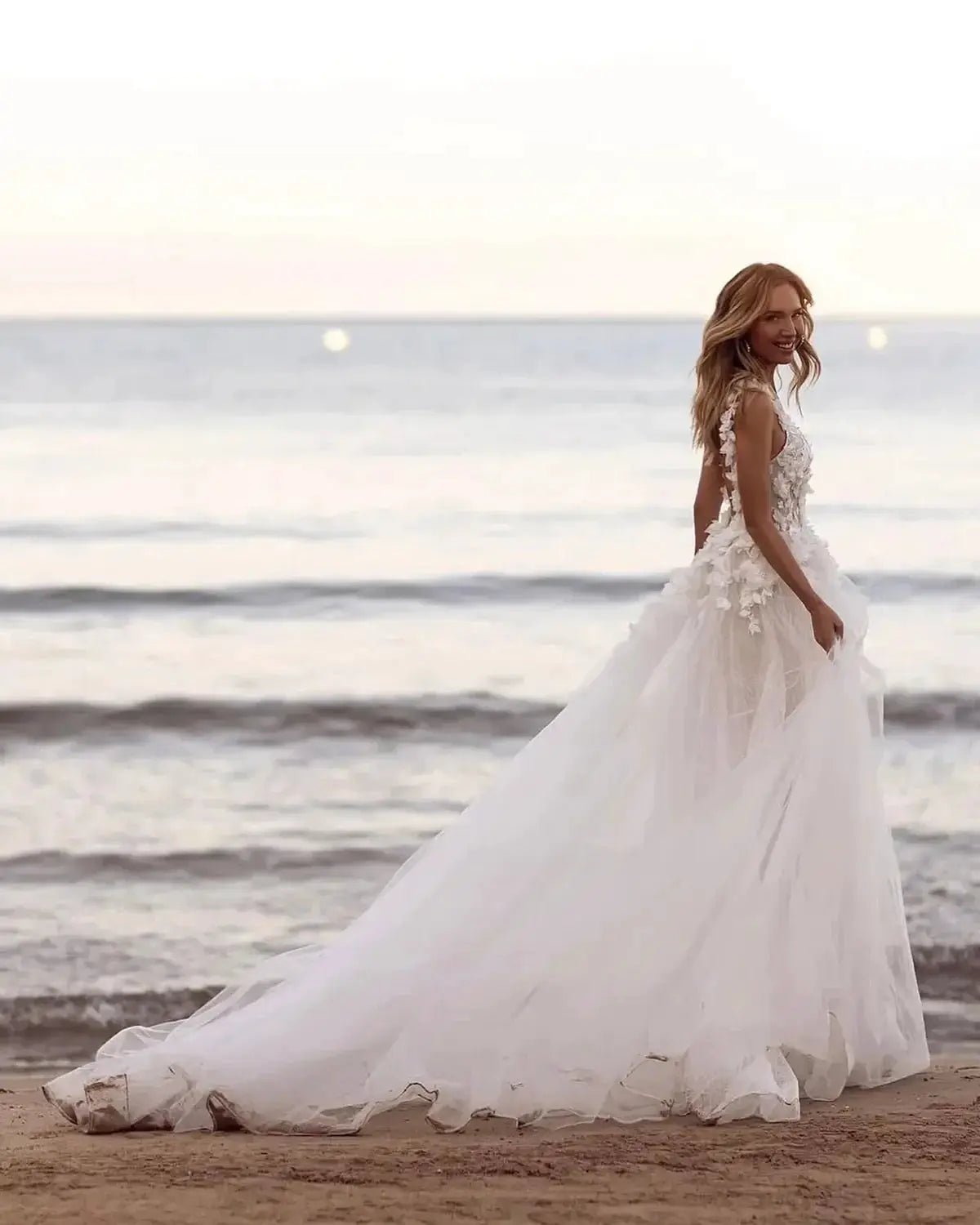 Custom Elegant Minimalist A Line Sheer 3D Floral Bridal Dress V Neck Backless