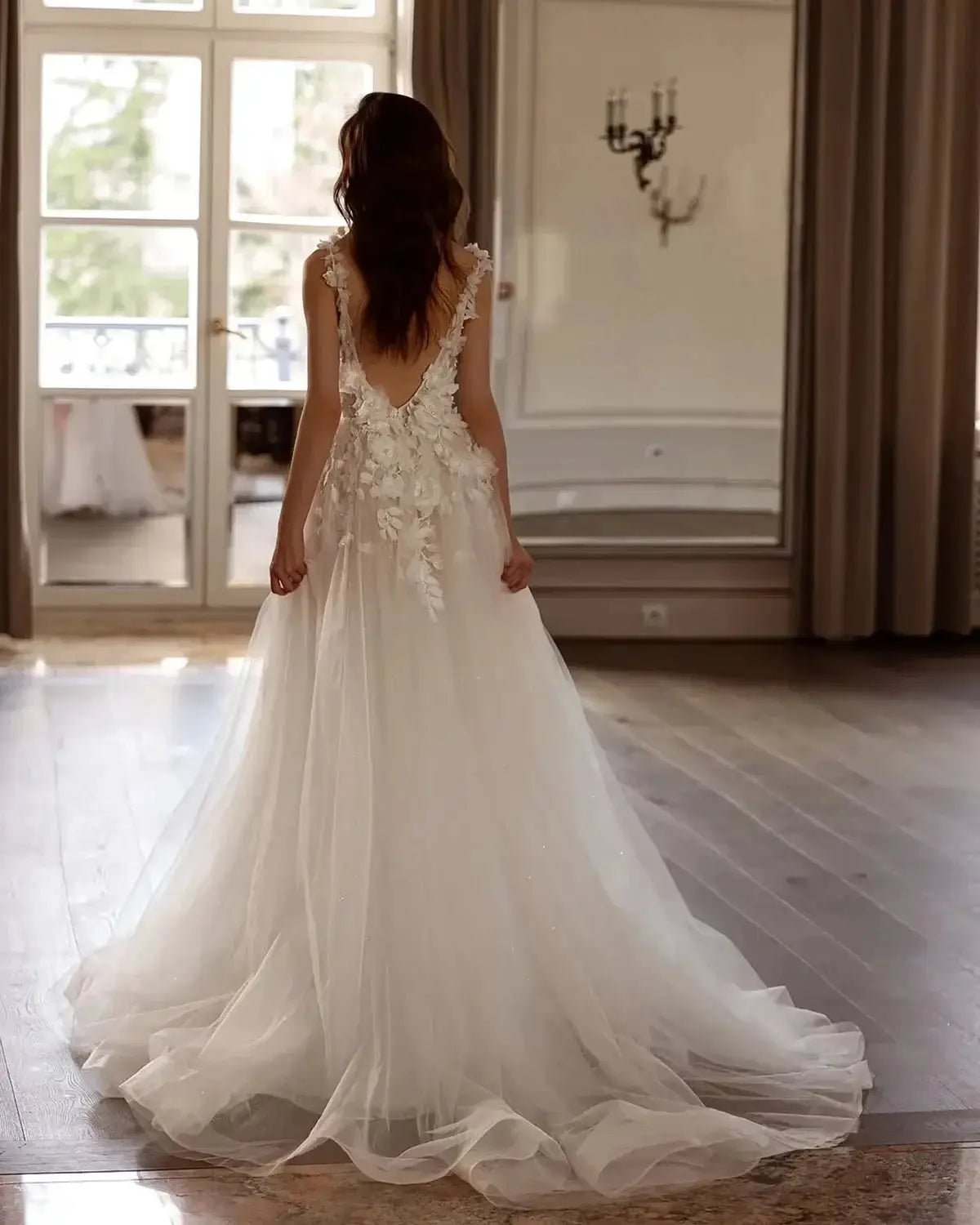 Custom Elegant Minimalist A Line Sheer 3D Floral Bridal Dress V Neck Backless