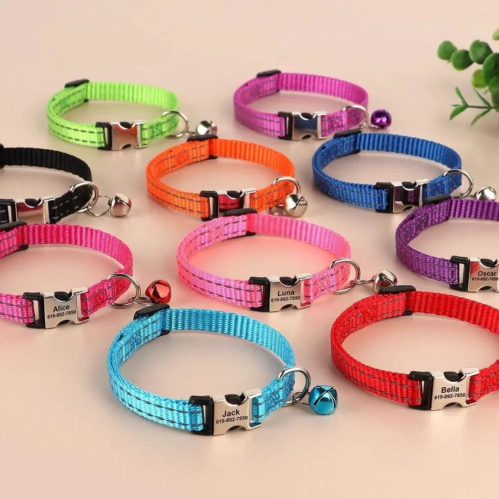 Custom Engraved Reflective Cat Collar With Bell Necklace