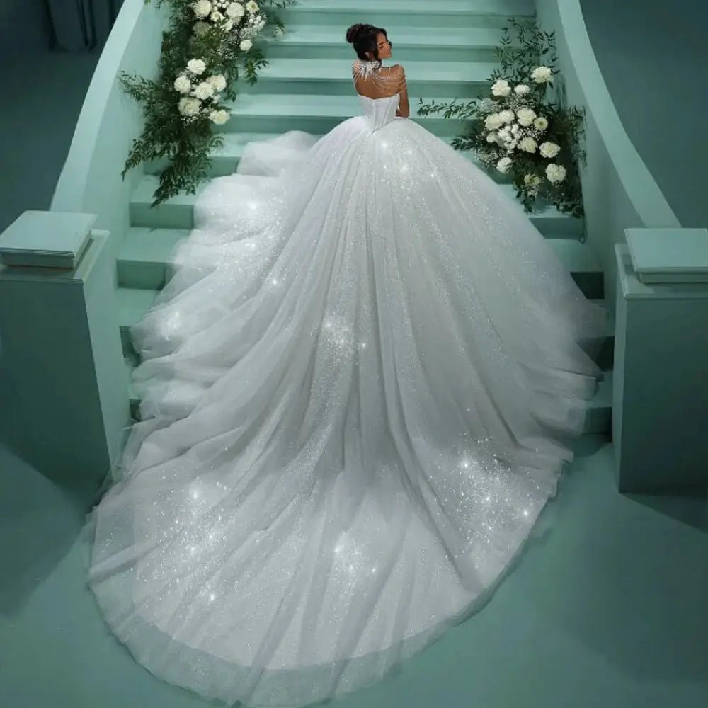 Custom Glitter Princess Wedding Dress Beaded Ball Gown 2025 Dream Neckline