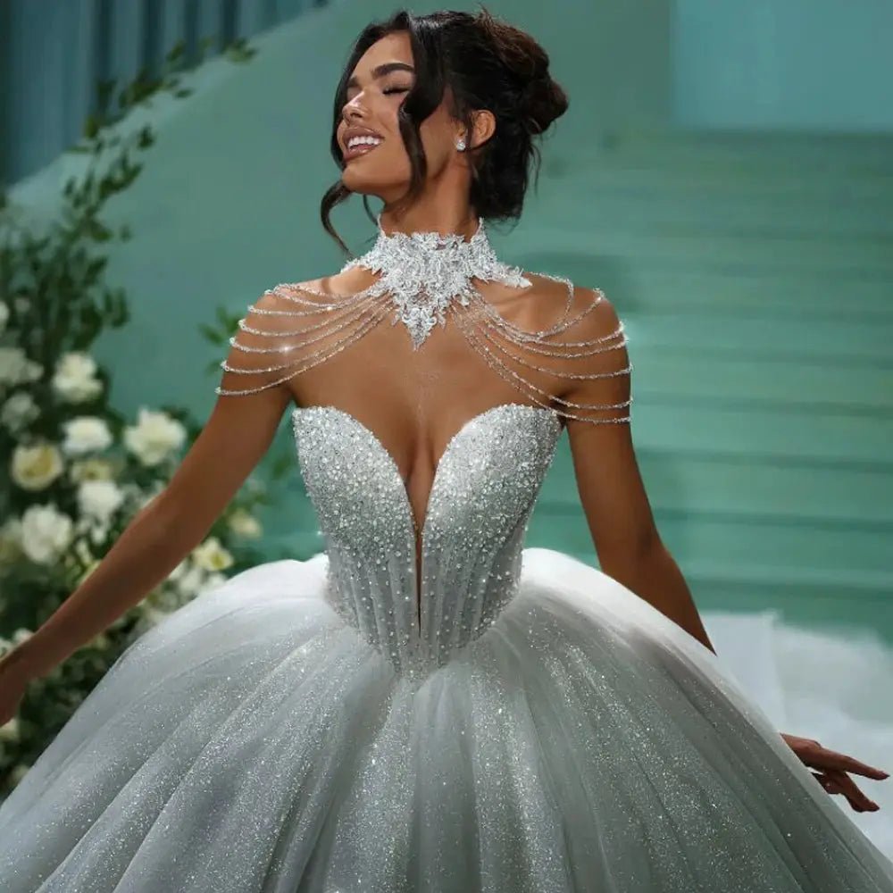 Custom Glitter Princess Wedding Dress Beaded Ball Gown 2025 Dream Neckline