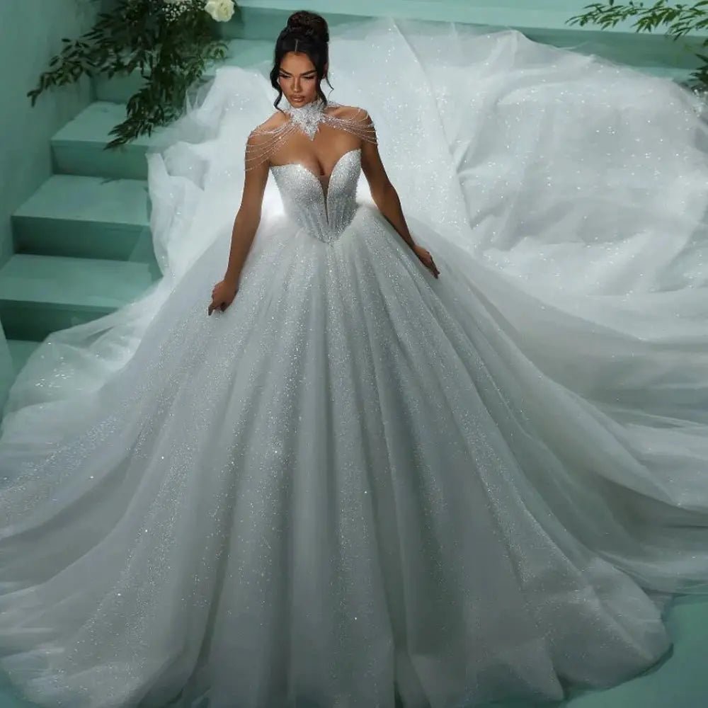 Custom Glitter Princess Wedding Dress Beaded Ball Gown 2025 Dream Neckline