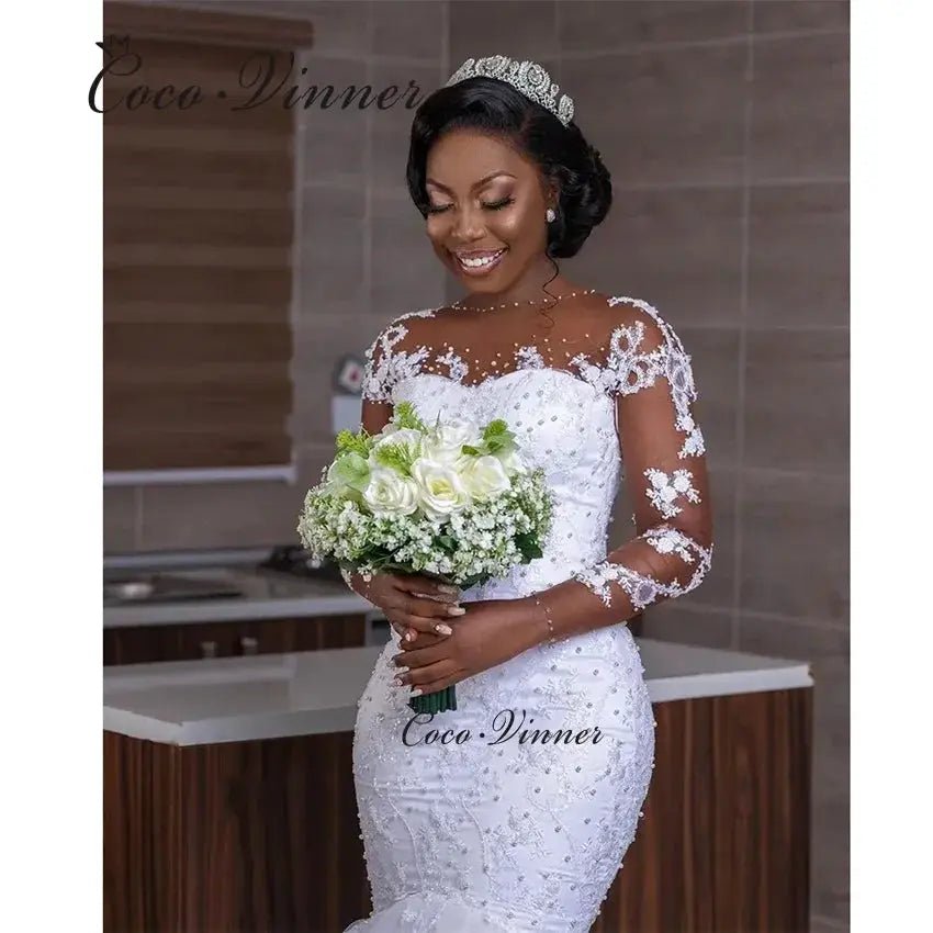Custom Lace Appliqué African Mermaid Bridal Dress With Crystal Pearl Beading