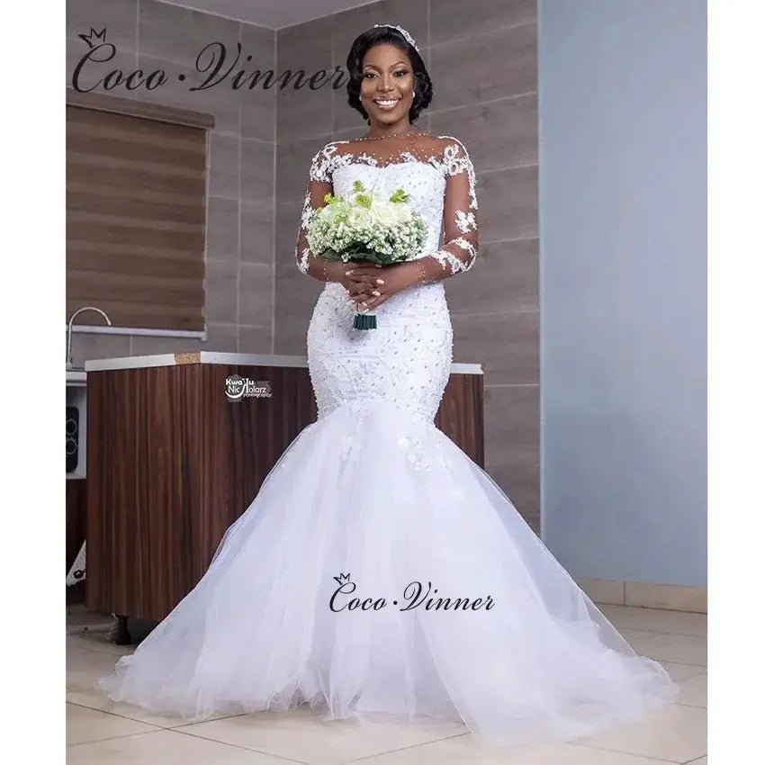 Custom Lace Appliqué African Mermaid Bridal Dress With Crystal Pearl Beading