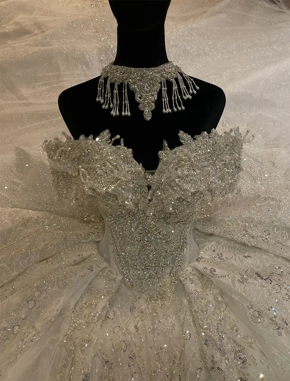 Custom Off The Shoulder Beaded Wedding Dress With Built In Bra NS4968 Custom Fit