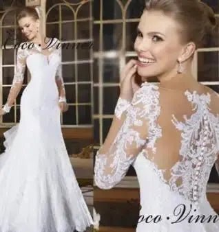 Custom Pearl Beading Embroidered Mermaid Lace Wedding Dress With Long Sleeves