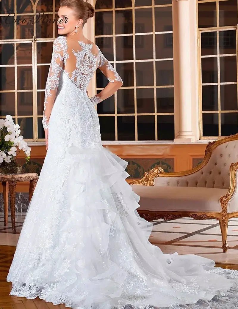 Custom Pearl Beading Embroidered Mermaid Lace Wedding Dress With Long Sleeves