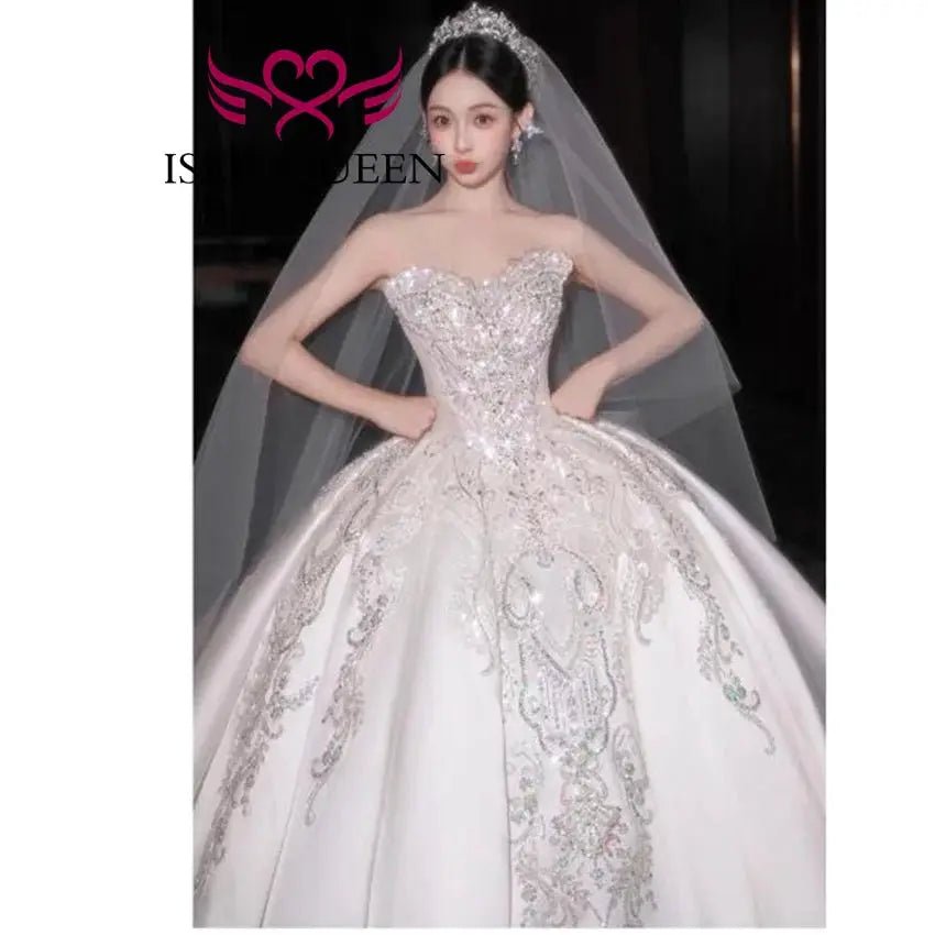 Custom Sequin Lace Satin Wedding Dress With Detachable Sleeves Ball Gown Sparkle