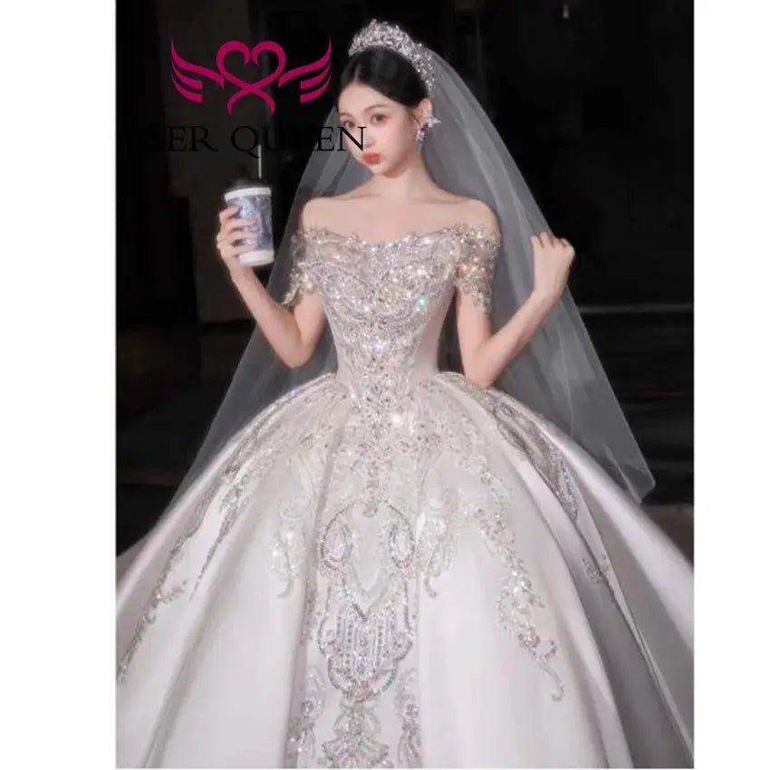 Custom Sequin Lace Satin Wedding Dress With Detachable Sleeves Ball Gown Sparkle