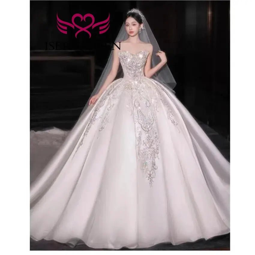 Custom Sequin Lace Satin Wedding Dress With Detachable Sleeves Ball Gown Sparkle