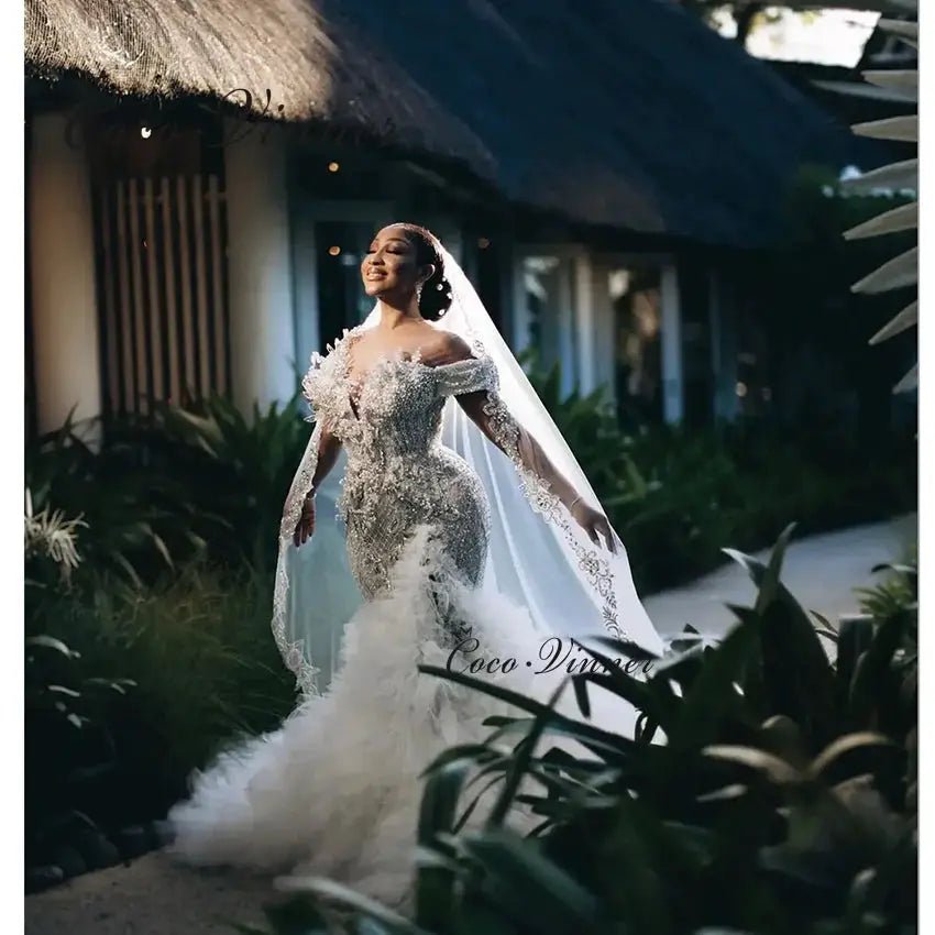 Customized Luxury Beaded Mermaid Wedding Dress Off Shoulder Tulle Gown Glamorous