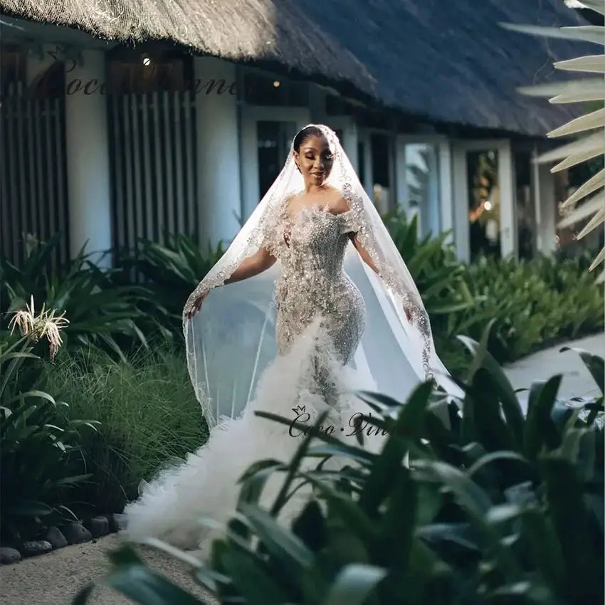 Customized Luxury Beaded Mermaid Wedding Dress Off Shoulder Tulle Gown Glamorous