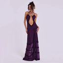CUTENOVA Elegant Furry Halter Evening Gown Luxe Prom Dress