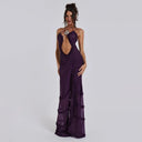 CUTENOVA Elegant Furry Halter Evening Gown Luxe Prom Dress