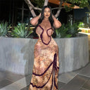 CUTENOVA Elegant Furry Halter Evening Gown Luxe Prom Dress