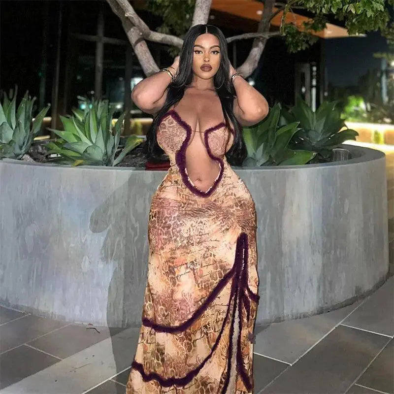 Cutenova Elegant Furry Halter Evening Gown Luxe Prom Dress