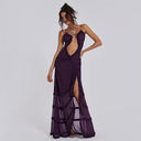 CUTENOVA Elegant Furry Halter Evening Gown Luxe Prom Dress