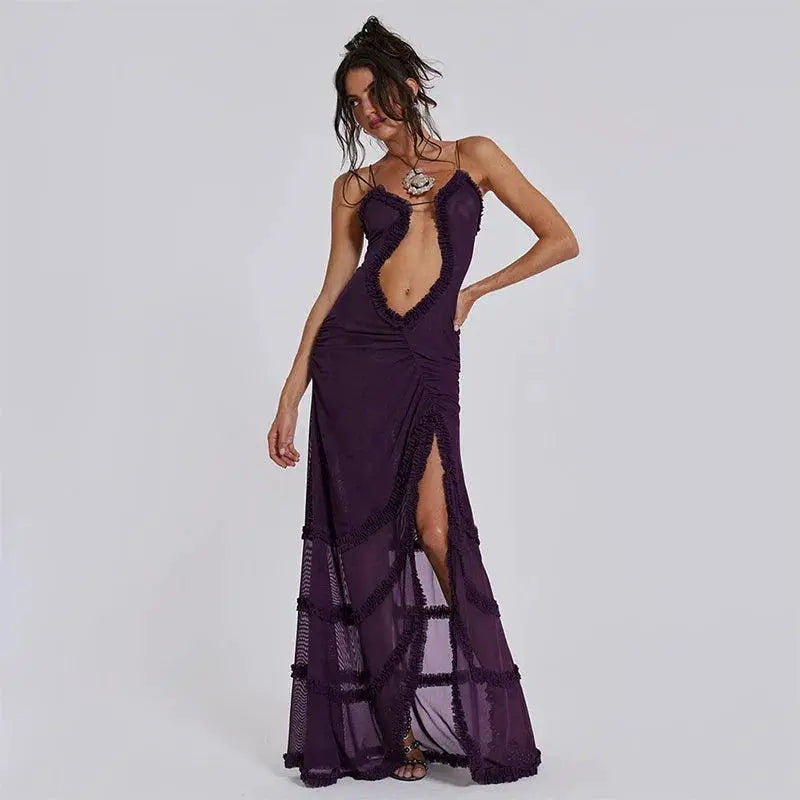 Cutenova Elegant Furry Halter Evening Gown Luxe Prom Dress
