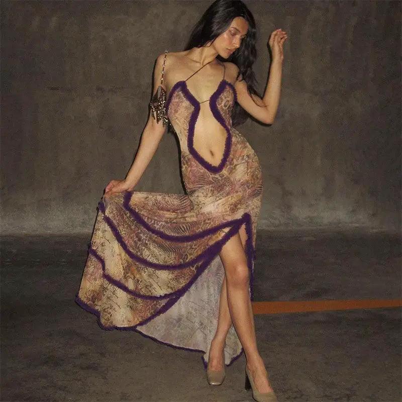 Cutenova Elegant Furry Halter Evening Gown Luxe Prom Dress
