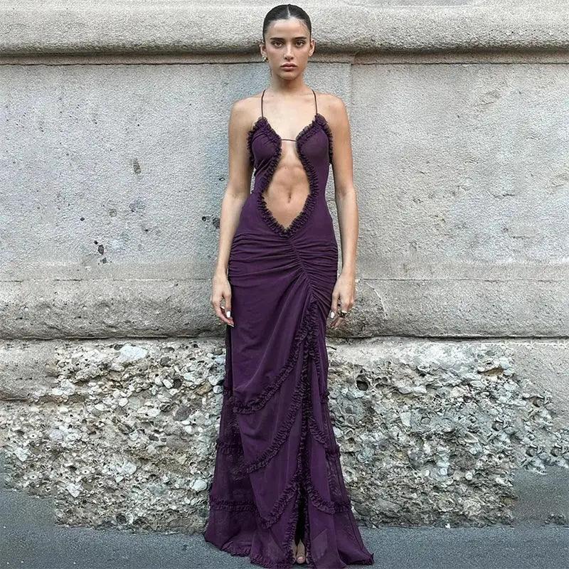 Cutenova Elegant Furry Halter Evening Gown Luxe Prom Dress
