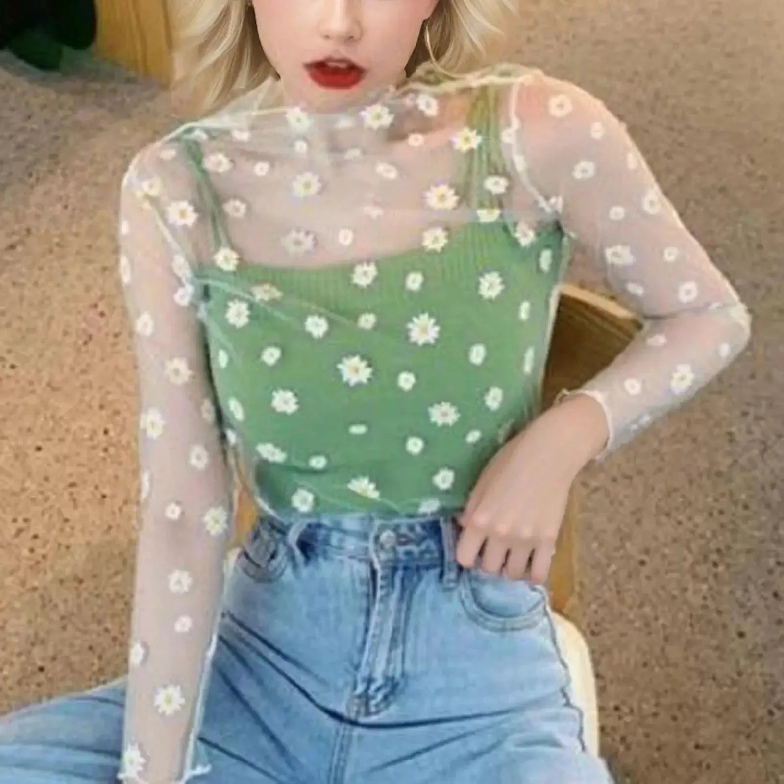 Daisy Mesh Sunscreen Blouse for Women Elegant Tops
