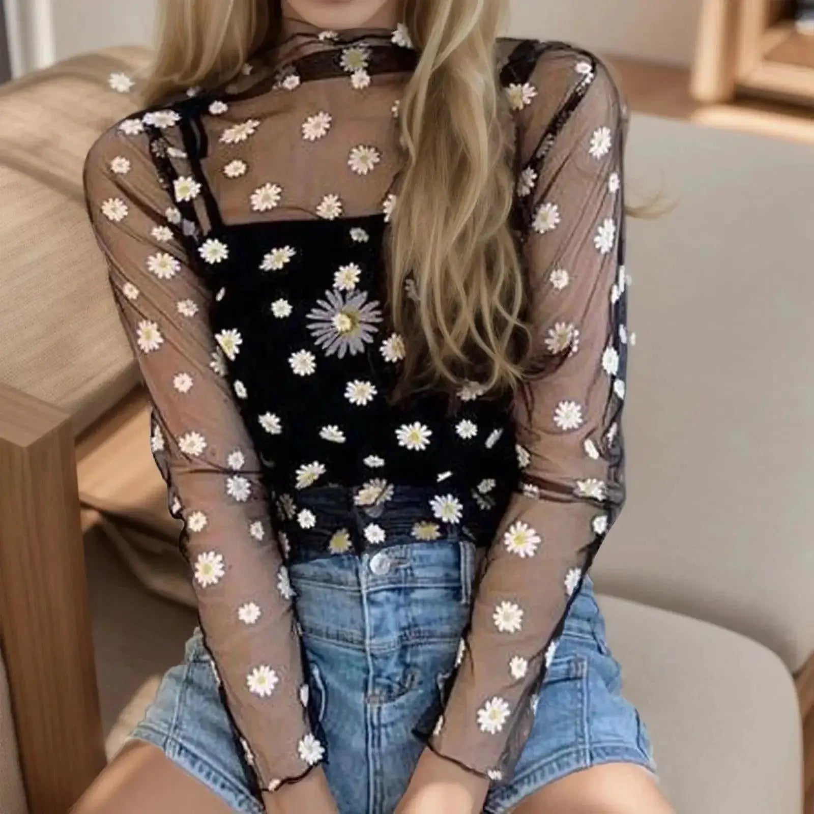 Daisy Mesh Sunscreen Blouse for Women Elegant Tops