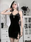 Dark Cross Black Mini Dress - Gothic Spaghetti Strap Clubwear