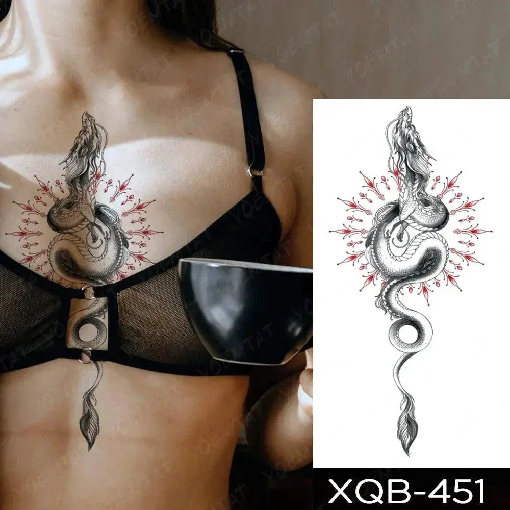 Dark Fantasy Dragon Snake Peony Rose Totem Waterproof Tattoo