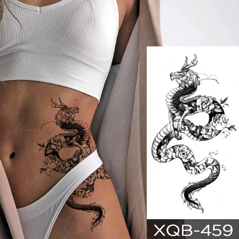 Dark Fantasy Dragon Snake Peony Rose Totem Waterproof Tattoo