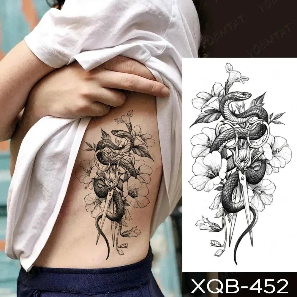 Dark Fantasy Dragon Snake Peony Rose Totem Waterproof Tattoo