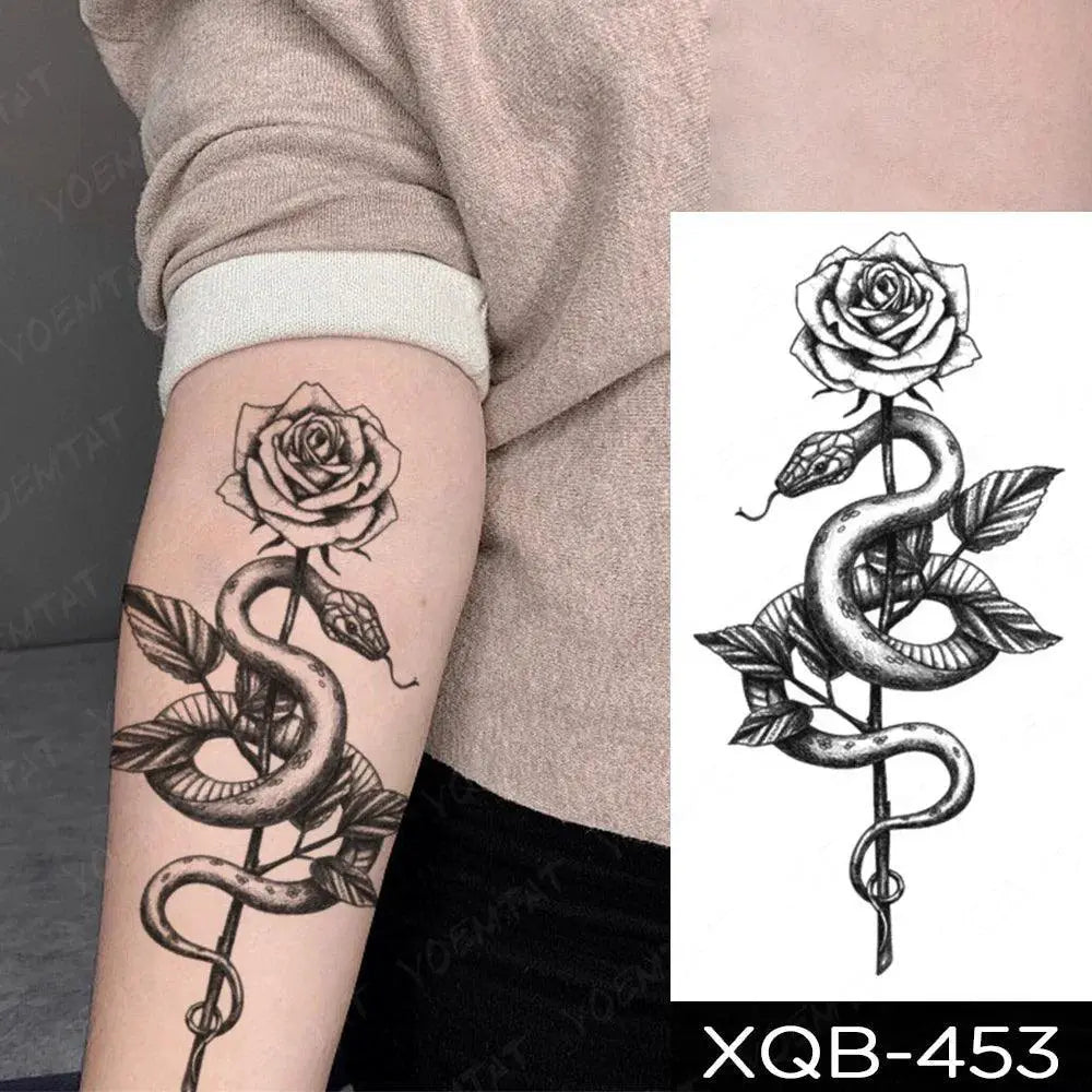 Dark Fantasy Dragon Snake Peony Rose Totem Waterproof Tattoo