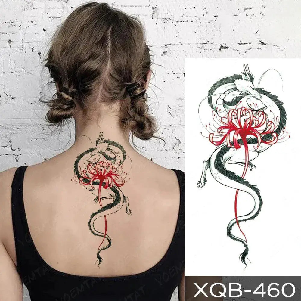 Dark Fantasy Dragon Snake Peony Rose Totem Waterproof Tattoo
