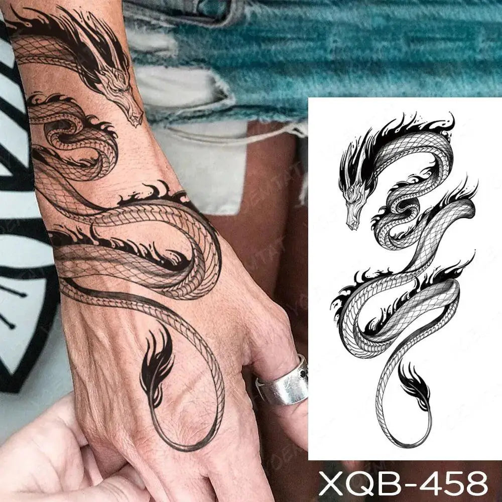 Dark Fantasy Dragon Snake Peony Rose Totem Waterproof Tattoo