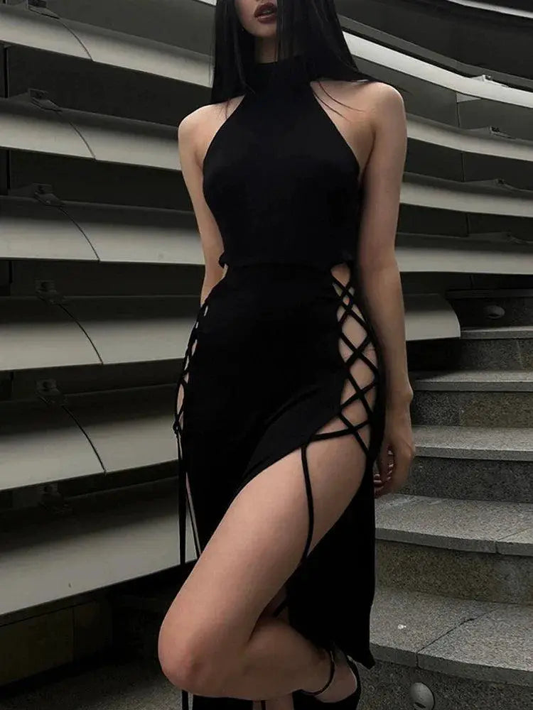 Dark Gothic Halter Dress Bold Cosplay Fashionistas