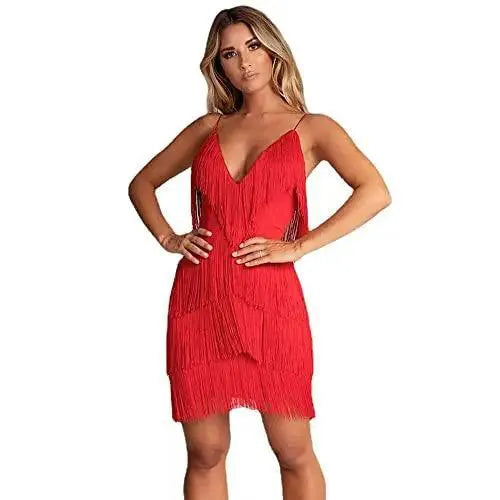Deep V Neck Fringe Bodycon Dress Gatsby Latin Club Charm