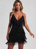Deep V-Neck Fringe Bodycon Dress Gatsby Latin Club Charm