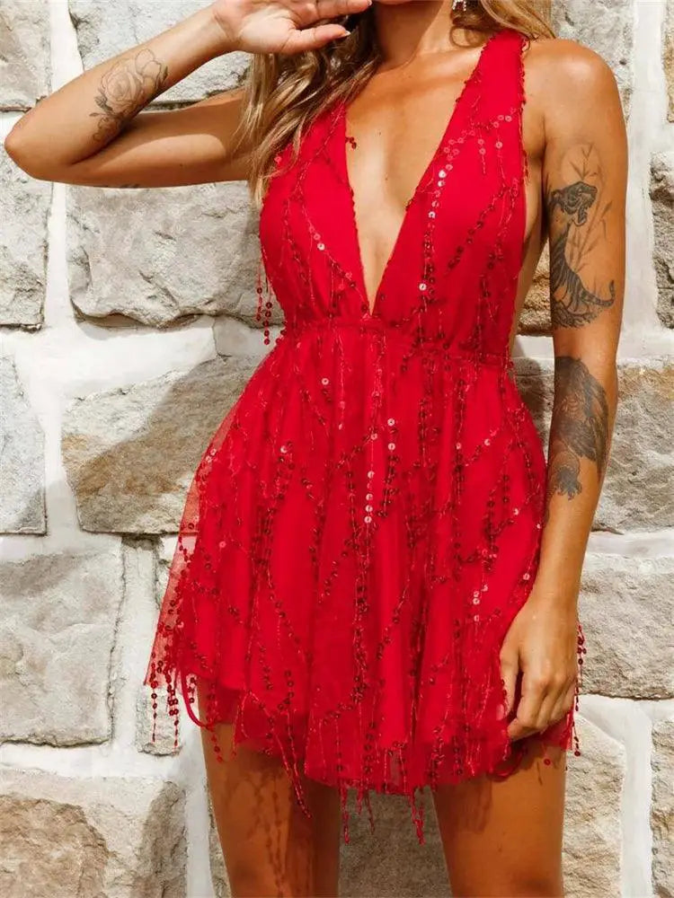 Deep V Neck Sequined Tassels Beach Mini Dress For Summer