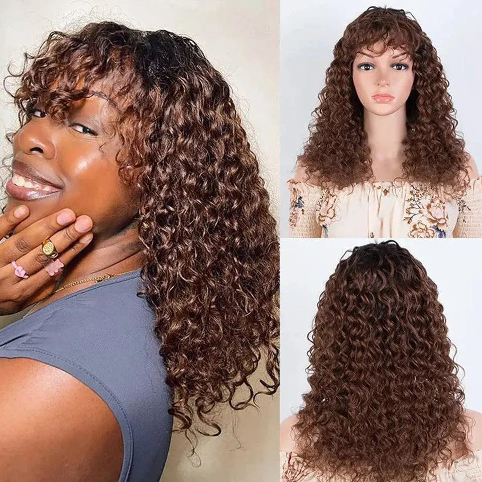 Deep Wave Fringe Bang Wig Luxurious Brazilian Hair Women