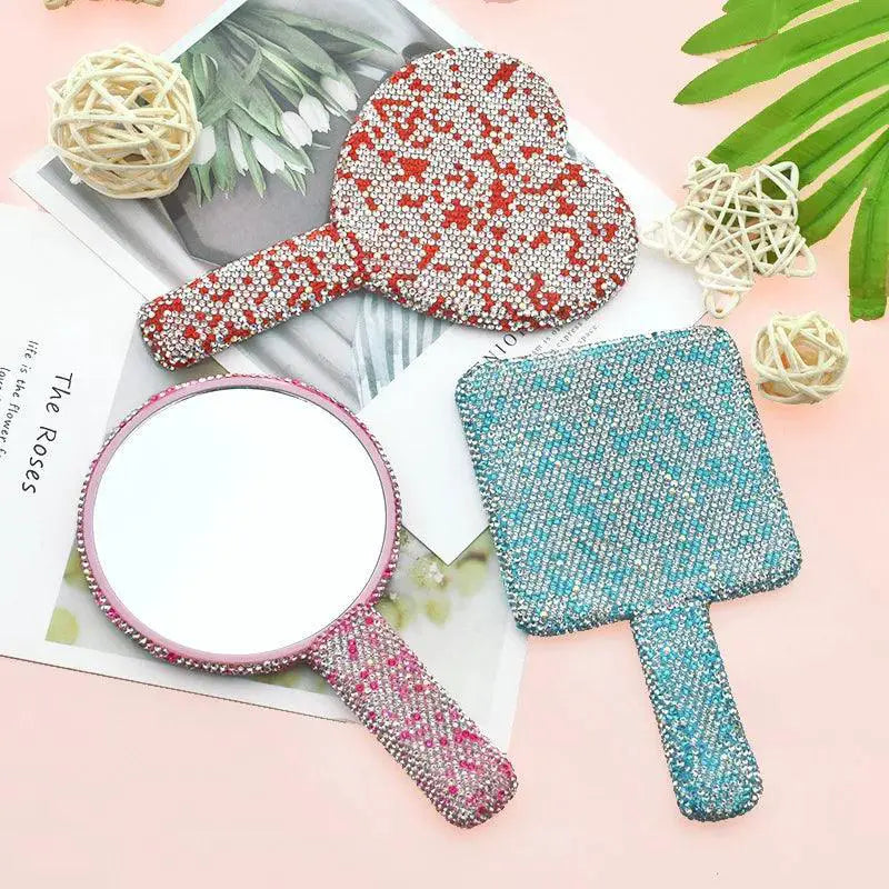 Diamond Heart Rhinestone Handheld Mirror Glamorous Tool