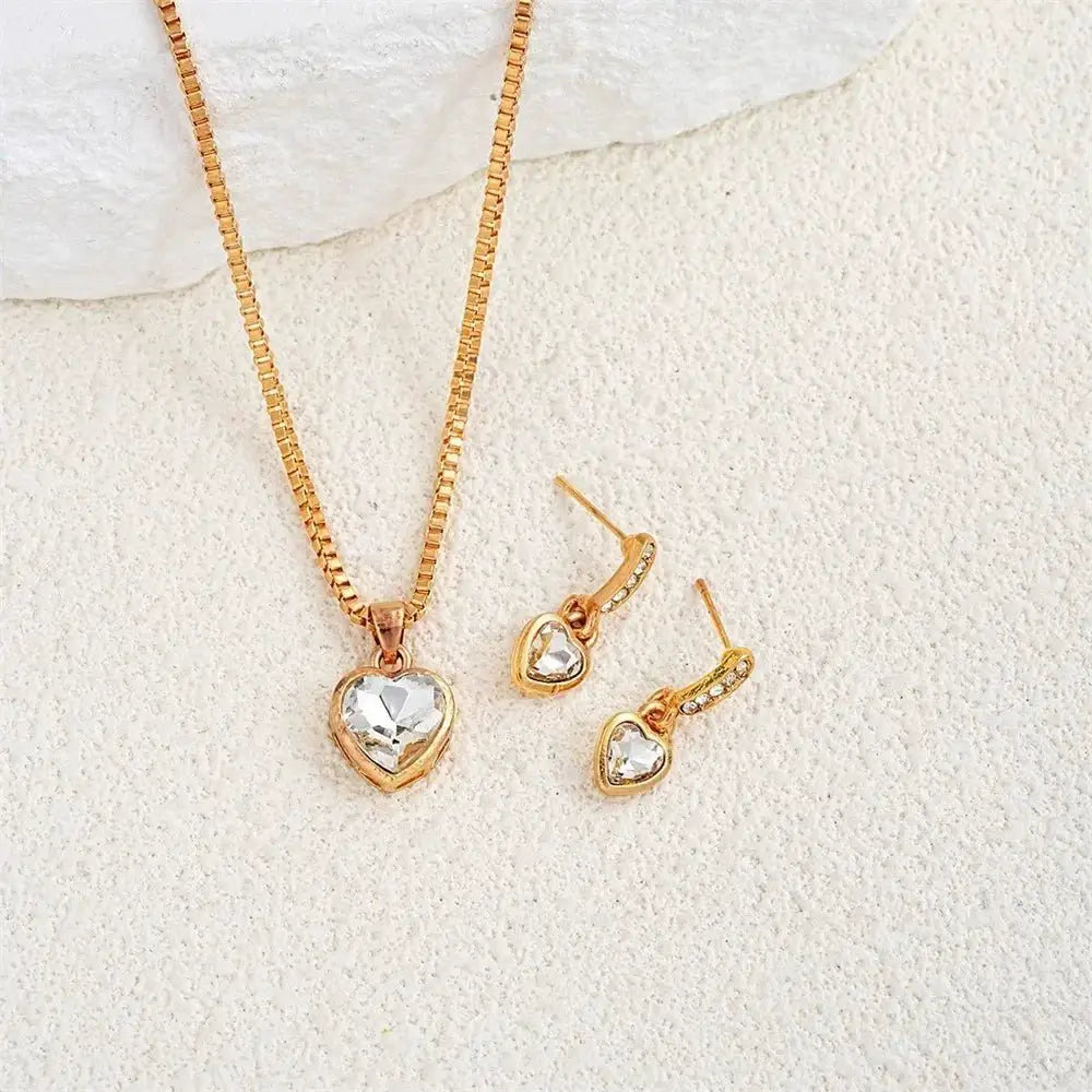 Double Heart Necklace Earrings Rhinestone Gift Set For Women