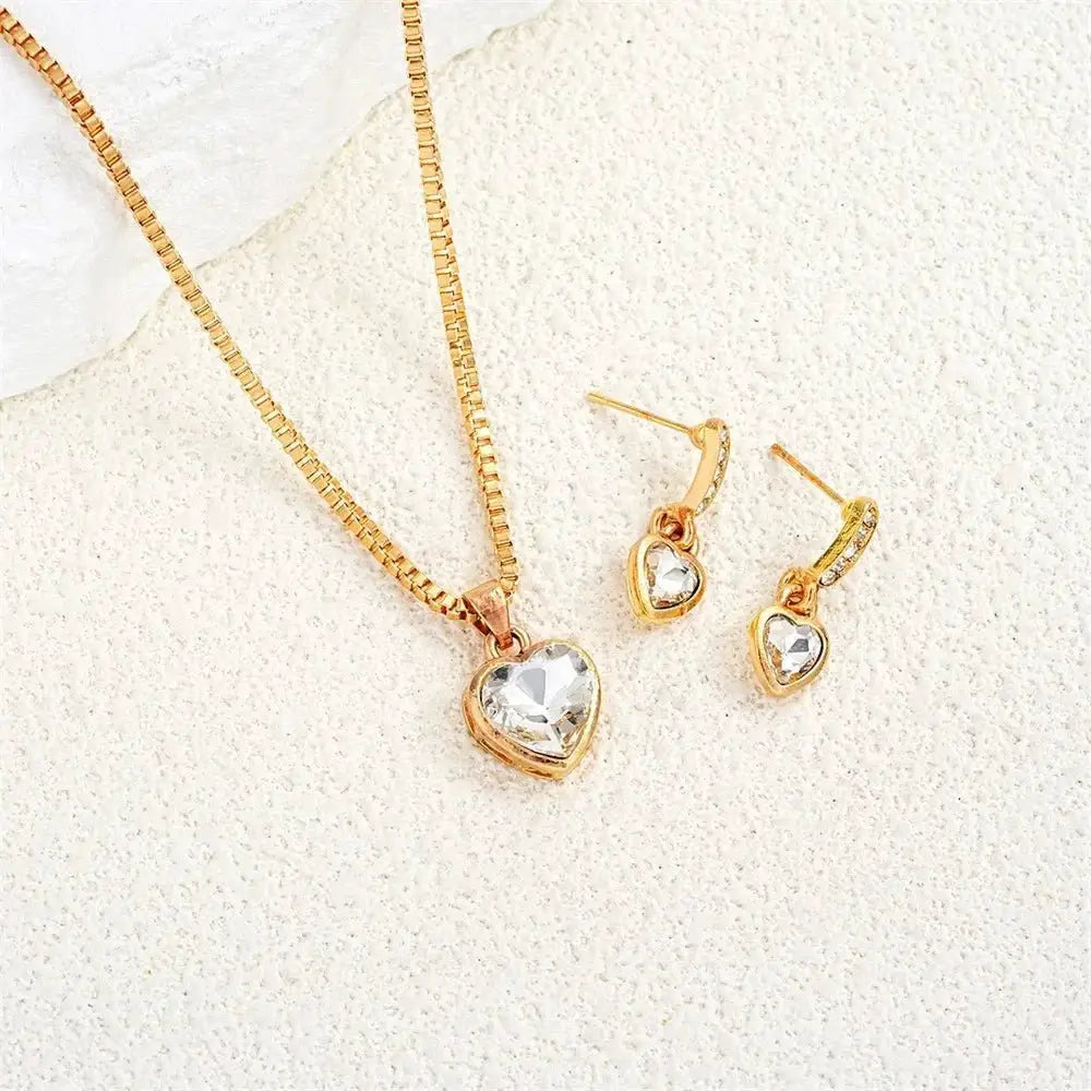 Double Heart Necklace Earrings Rhinestone Gift Set For Women
